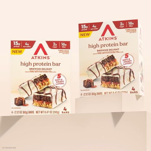Image of Atkins High Protein Bars, Brownie Delight Flavor, 15g of Protein, 4g Net Carbs, Keto Protein Bars, Low Sugar, 4 Count