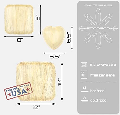 Ecodeco Palm Leaf Compostable Plates - Sample Pack - 10" And 8" Square Dinner Disposable Plates, And 6.5-Inch Heart Dessert Plates (10 Of Each) - Eco Friendly Party Supplies #TOP2