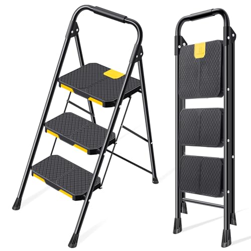 KINGRACK Escabeau 3 Marches avec Verrouillage de sécurité, Large Pédale Antidérapante, Escabeau Pliable avec Mains Courantes, Échelle Domestique pour...
