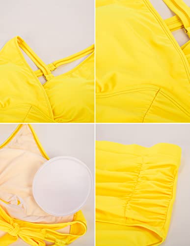 Women's Plus Size High Waisted Ruched Tankini Swimwear Halter V Neck Bikini Sets Yellow 12 Plus #TOP2