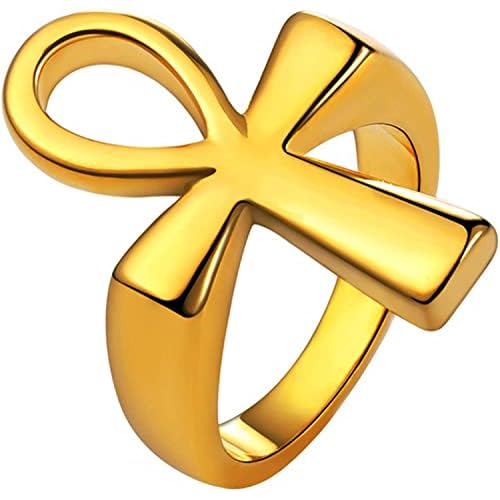 U7 Jewelry Ankh Rings Ancient Egyptian Eye of Ra Horus Ring Stainless Steel/Gold Plated/Black Color Egypt Symbol Rings for Men Women 03-Ankh Cross-Gol