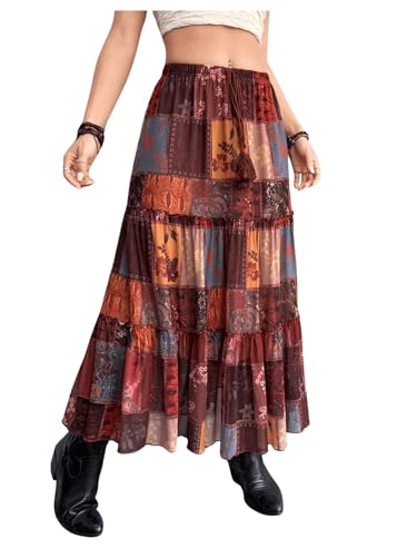 Verdusa Women's Hippie Tie Knot Elastic High Waisted Boho Ruffle Flowy Long Maxi Skirts Multicolor Small