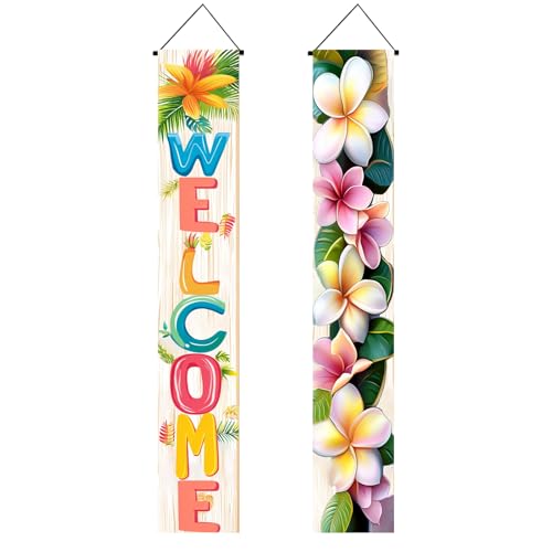 Image of BlissYard 2pcs Welcome Summer Door Banner Porch Sign Hawaiian Decorations Hawaiian Banner Hibiscus Colorful Spring Summer Decor Wall Hanging Banners for Outdoor Home Tropical Party Decor Supplies