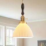 BBLLWJ White Bell Ceramic Pendant Light, Walnut Wood Brass Hanging Lamp