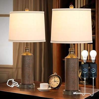 AIDENOEY 27.5" H 3-Way Dimmable Touch Control Table Lamp Set of 2?Vintage Bedside Lamp Nightstand Lamps with USB A+C Ports, Black Brown Finish Resin Table Lamp, for Living Room,Bedroom?Office