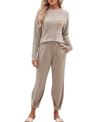 BMJL Womens Lounge Set Pajamas Long Sleeve Top and Sweat Pants Sweater Set 2 Pieces Outfits Fall Clothes 2024 (X-Large, Khaki)