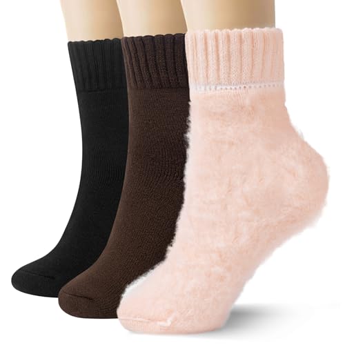 Image of 3 Pairs Winter Socks for Women Thermal Insulated Solid Thick Warm Cozy Crew Socks Christmas Gift