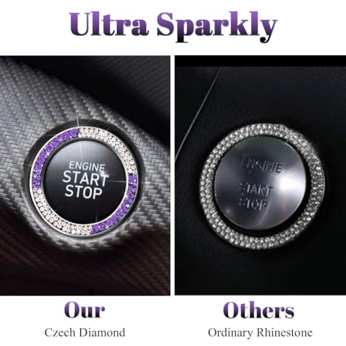 Image of ToBeQueen White Purple Bling Start Button Cover Emblem Sticker, Crystal Diamond Rhinestone Push Start Ring Car Decor, White and Purple Car Accessories