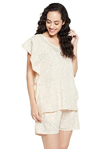 Image of Clovia Women's Cotton Pretty Florals Kaftan Top & Short Set in Beige