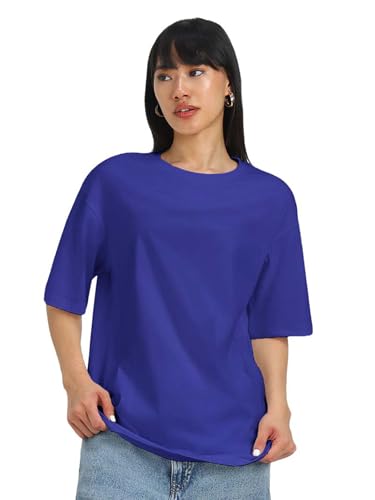 Image of JUNEBERRY Pure Cotton Oversized Baggy Fit Half Sleeve Drop Shoulder Plain Solid Round Neck T-Shirt for Women (Available in Black, White, Lilac, Cork, Maroon, Royal Blue, Swan White, Soap Nut Colors)