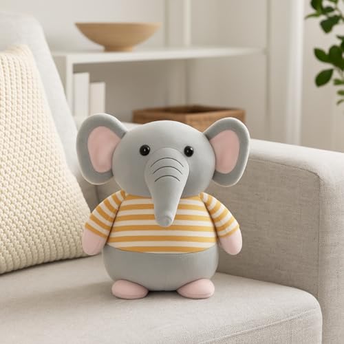 Image of Fun4you Elephant Soft Toy 30 cm | Grey Plush Stuffed Animal with Yellow Striped Shirt | Cute Cuddly Doll for Kids, Baby Girls & Boys | Birthday Gift & Room Decor