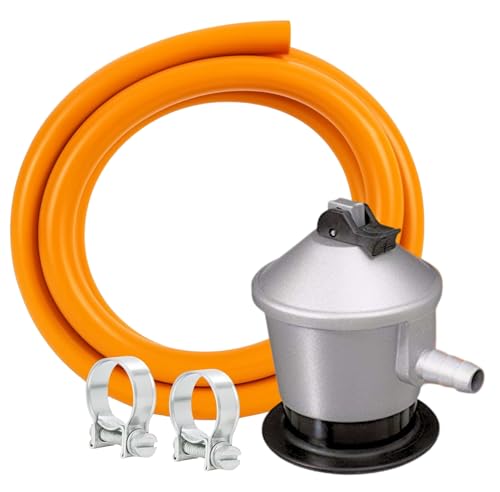 Regulador Gas Butano S200 29 mbar | Válvula de Seguridad y Enganche Rápido | Para Estufas, Camping y Barbacoas | Propano - Butano (Kit Regulador + manguera + abrazadera)
