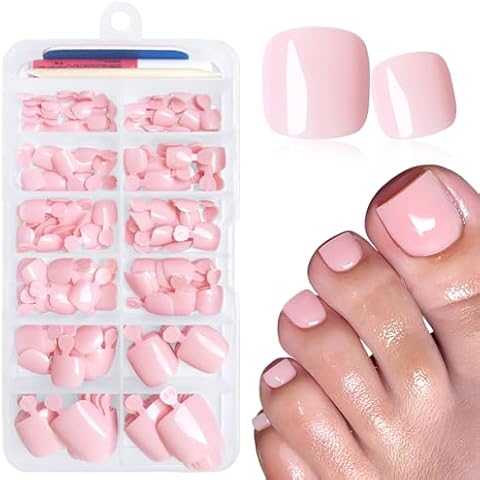 LuckForever 168pc Press on Toenails Women Fake Toe Nails with Glue Adhesive Tabs, Light Pink Fake Toenails Press on Nail Toe Acrylic Nail Tips Short Square False Toenail Artificial Toe Nails Press on Cover