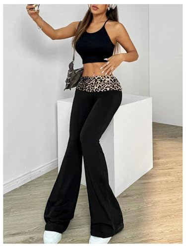 Women's Leopard Print Color Block Flare Pants Elastic High Waisted Bell Bottoms4