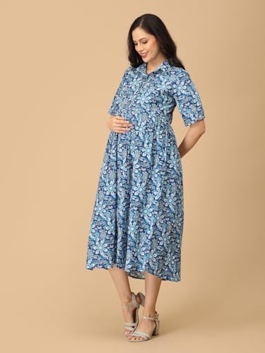 Image of The Mom Store Maternity and Nursing Dress | Pre and Post Pregnancy Dress for Womens | Zipper /Button Opening | Causal Wear | Trendy Stylish Causal Dresses for New Moms
