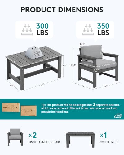 Image of SERWALL 3 Pieces HDPE Outdoor Bistro Sofa Set with Cushions, All Weather Use Adirondack Single Armchair Set of 2 with Side Table, Grey Frame with Grey Cushions