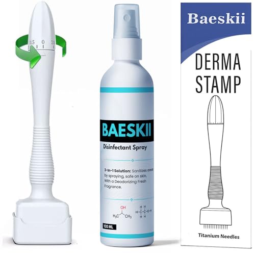 Image of Baeskii Derma Stamp for Hair Growth & Facial Spa | Titanium Coated Adjustable Needles 0.25mm to 3mm | 140 Microneedling Stamp for Skin Repair, Face, Hair & Beard Growth | Reduces Acne Scars | Safe & Effective To Use