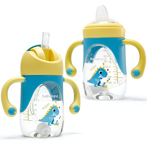 hahaland 2 in 1 Baby Cups & Sippy Cup with Straw and a Spout 240ML, Toddler Drinks Water Bottles Trainer Cup with Handles for Babies 6 12 Months - Dinosaur (One Cup with 2 Nipples)