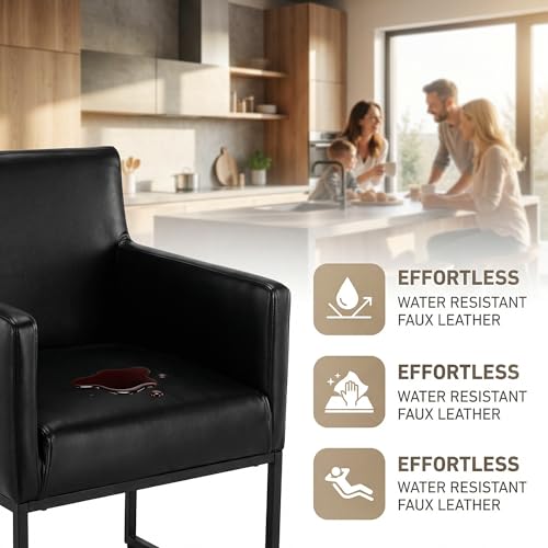 Image of HNY Mid Century Modern Upholstered Dining Chairs with Arms Set of 2, Faux Leather Accent Chairs with Black Finish Metal Frame, 19'' Wide Arm Chairs for Living Room Kitchen Bedroom, Black