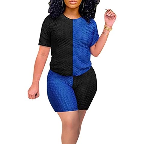 2 Piece Shorts Set for Women Textured Tracksuit Color Block Short Sleeve Tops Shorts Workout Outfits Sets - - XXL Cover