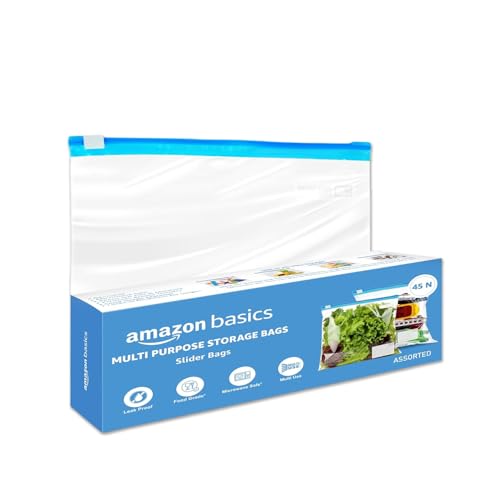 Amazon Basics - Multipurpose Slider Storage Bags | 45 Bags | Assorted Sizes, 15 Each - S, M, L | Reusable and Reclosable | Material Plastic | Leak- Proof | Food Grade | Microwave Safe