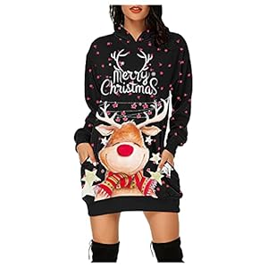 YUYIDIANP Kersttrui met capuchon voor dames, feestjurk, sweatshirtjurk met zak, casual trui-jurk, mini-jurk, kerstavond feestjurk
