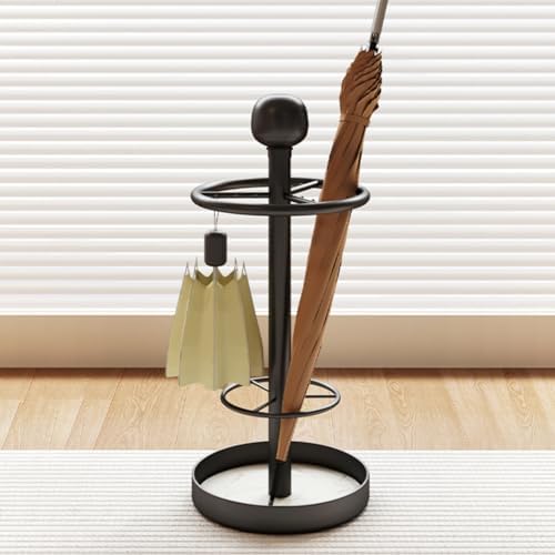 Round Umbrella Stand Holder with Handle & Hooks, Space-Saving Umbrella Rack for Home, Office & Hotel, Stylish Black & Gold Cane Racks (30x52cm)