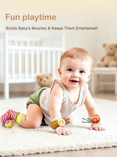 Image of Bloobloomax Baby Wrist Rattle Socks and Foot Finder Set for 0-24 Month, Infant Girl Boy Toys Newborn Hand & Foot Toys for 0 to 24 Months, Baby Shower Gifts Set with Wrist Rattle Socks (Pink Gift Box)