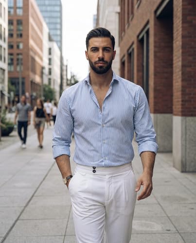 Image of IndoPrimo Men's Striped Shirt | Premium Slim Fit Full Sleeve Formal Casual Shirt | Button-Down Cotton Shirt for Office