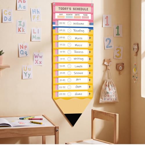 MotiMind Pencil Theme Daily Schedule Pocket Chart for Classroom, 13+1 Pockets Visual Schedule and Dry Erase Cards Hooks Teacher Classroom Supplies for Back to School Preschool Elementary by MotiMind - Image 2