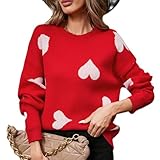 Women Y2k Valentines Oversized Knit Sweater Heart Print Long Sleeve Crew Neck Loose Pullover Tops Streetwear (Bright Red, XL)
