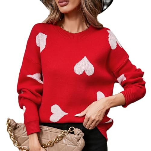 Image of Women Y2k Valentines Oversized Knit Sweater Heart Print Long Sleeve Crew Neck Loose Pullover Tops Streetwear
