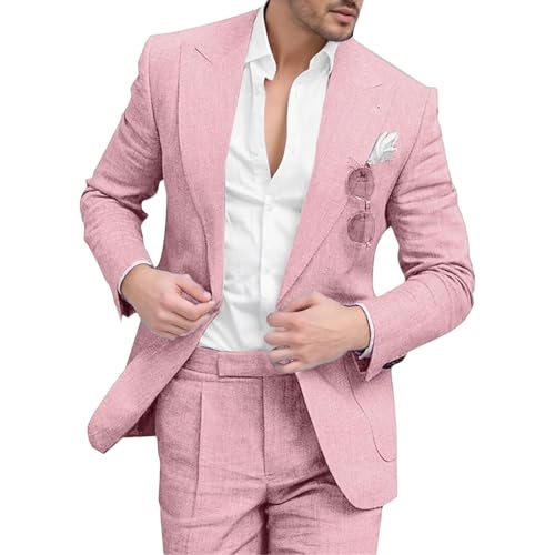 Conjunto de Traje de Esmoquin clásico 2 Piezas para Hombre, Blazer y pantalón un botón, Traje Ligero Lino y algodón para Boda, Fiesta, Rosa, Talla Grande