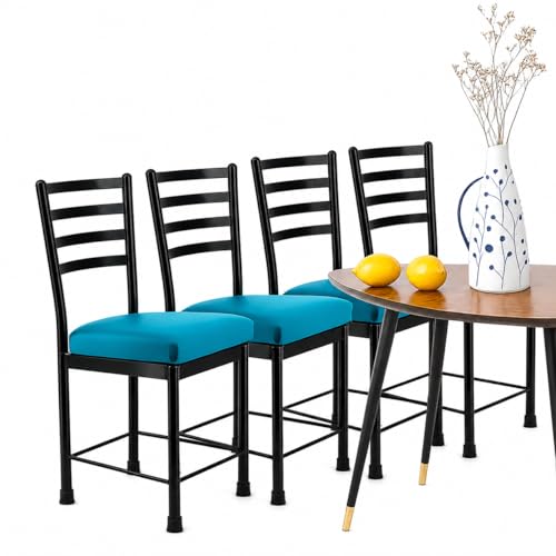 Image of Zidle Asphalt Dining Visitor Velvet seat Cushion Chair for Living Room | Cafe | Home | Restaurant |Powder Coated Metal Legs (4, p Blue, Black Coated Frame)
