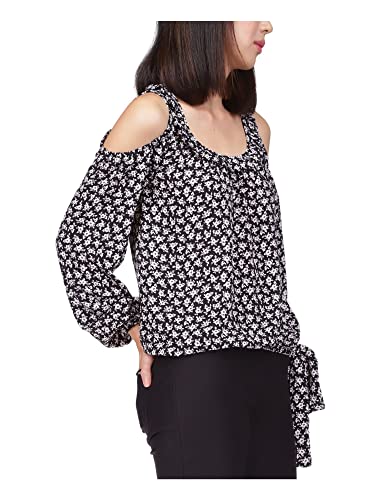 Michael Kors Womens Black Cold Shoulder Tie At Side Hem Floral Long Sleeve Round Neck Blouse S #TOP2