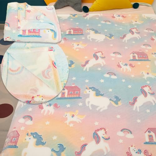 Einhorn Decke Glow In The Dark Kinder Kuscheldecke Flauschig MäDchen Geschenke 6-14 Jahre Geburtstag Couch Sofa üBerwurfdecke Fleecedecke Zimmer Deko Wolldecke (Einhorn House, 120 x 160 cm)