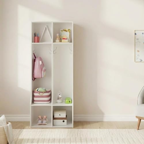 Garvee 2-Section Classroom Coat Locker with 4 Cubbies, Cubby Storage Organizer with 4 Hooks for Home, School, Nursery, Kindergarten, White