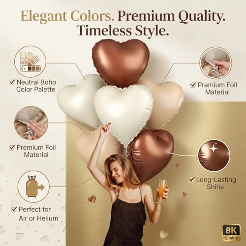 Image of Atpata Funky Boho Theme Foil Balloons - White Sand, Nude Cream, Tan Brown Caramel Shades - Stars and Hearts Shape - for Weddings, Birthdays, Baby Showers, and Party Decorations (6pcs, Hearts)