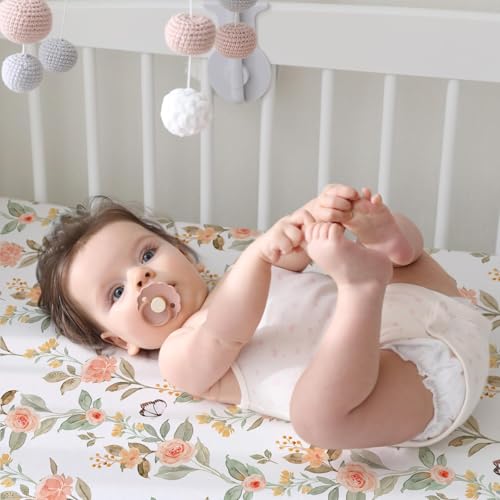Image of BROLEX Baby Fitted Crib Sheets: Kid Crib Sheets - Set of 2 for Toddler Standard Size Crib Mattress for Boys and Girls - Jersey Knit Crib Bed Sheets Rose & Foliage