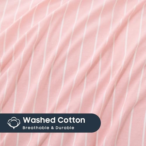 Image of Wake In Cloud - Striped Cotton Duvet Cover Set, Ticking Stripe Vertical Pinstripe Farmhouse, 100% Washed Cotton Textured Bedding Set, 3 Pieces, Pink, Full Size