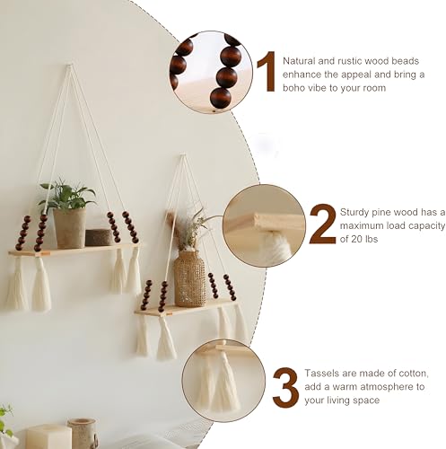 Image of Bohemian Macrame Hanging Wall Art Shelf - Rustic Wood Swing Decor with Beads & Tassels - Includes Adhesive Hook - Floating Plant Holder