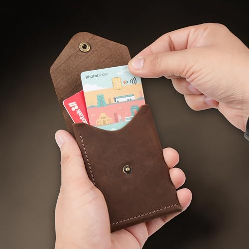 Image of The Wallet Store Flip 2.0 Genuine Leather Vertical Slim Wallet for Men | Easy Quick Card Access | Compact Front Cash Pocket & Button Lock | Minimalist Travel & Daily Carry Wallet (Brown)