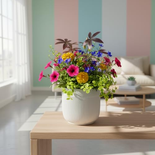Image of Xtore Studio Ceramic Ribbed Planter | Round Decorative Flower Pot for Home, Bedroom & Living Room Decor - (White, 1 Piece, Planter ONLY)