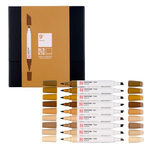 Talens | Pantone Marker Set de 9 Brown | Rotulador Doble Punta con Punta de Pincel y Cincel | Tinta Pigmentada a Base de Agua en Colores Pantone