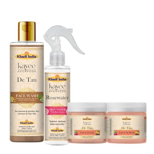 Image of Khadi Kayee Ayurveda Skin Brightening Detan Kit with Face Wash, Scrub, Face Pack & Rose Toner for Tan Removal, Oil Control and Daily Glow Care - Pack of 4