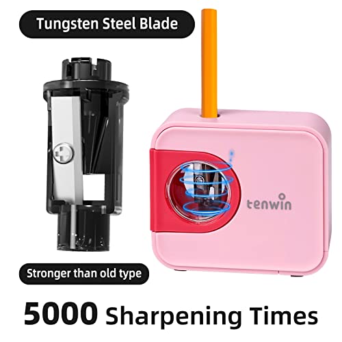 Tenwin Portable Electric Pencil Sharpener, Pencil Sharpeners Battery Operated, Tungsten Steel Blade To Fast Sharpen, Kids Pocket Sharpener, Fit To 6-8Mm No.2/Colored Pencils, School/Office/Home (Pink) #TOP2
