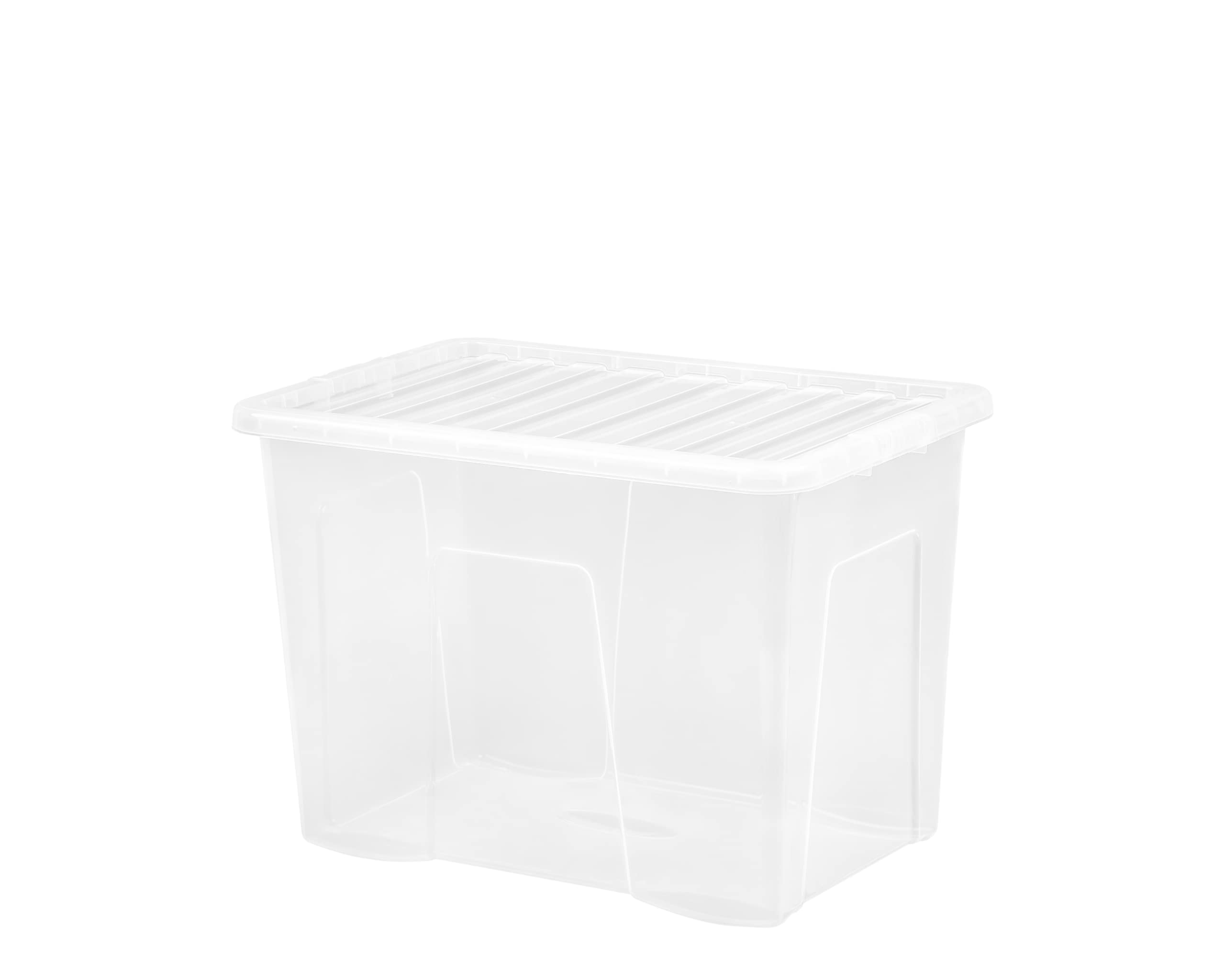 JMS we create smile Large Transparent Plastic Storage Box with Secure Lid - Stackable & Nestable Basket for Office, Home & Kitchen Storage (80L, Clear)