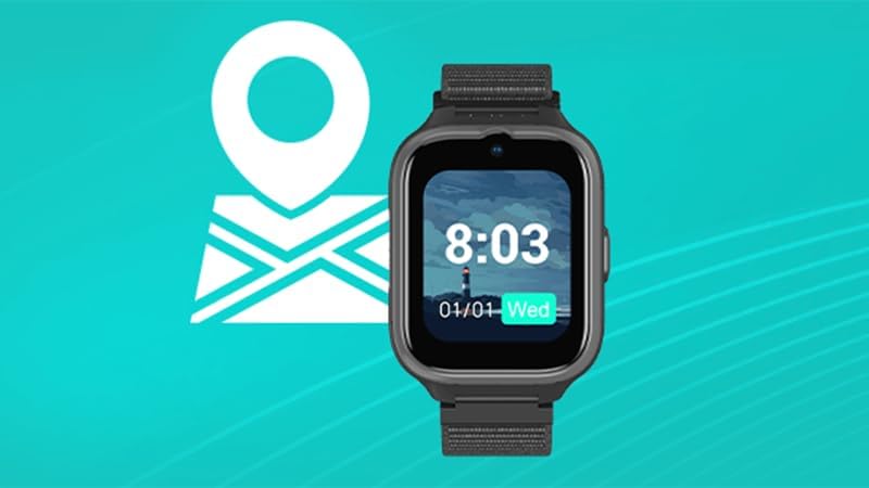 The myPhone CareWatch LTE Smartwatch displayed next to a large map pin and location icon, symbolizing its GPS tracking capability.