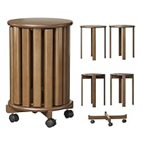 Welfuturer Stapelbare Bambus Hocker mit Rollen,4-in-1 Set Stapelhocker, Beistelltisch & Sitzhocker,46 cm Höhe Esszimmerstühle,ohne Montage für Küche Wohnzimmer Schlafzimmer,Walnuss