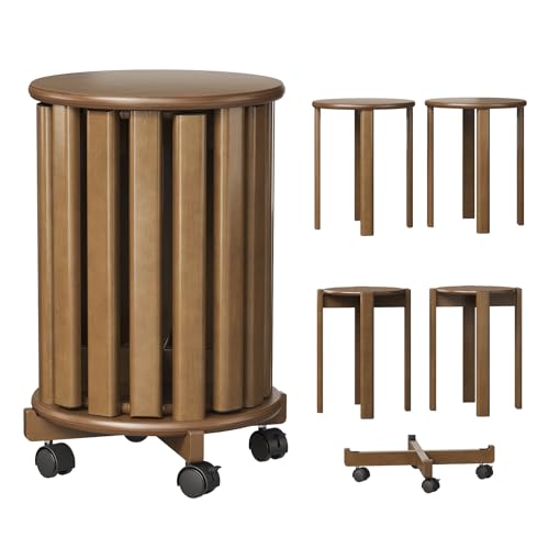 Welfuturer Stapelbare Bambus Hocker mit Rollen,4-in-1 Set Stapelhocker, Beistelltisch & Sitzhocker,46 cm Höhe Esszimmerstühle,ohne Montage für Küche Wohnzimmer Schlafzimmer,Walnuss